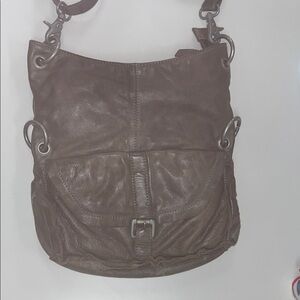 Rock Paper Scissors leather larger cross body bag dark gray/ silver tone preowne
